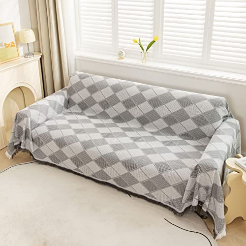 LHGOGO Rautenmuster Sofaüberwurf Decke Umkehrbare XXL großer Couch Überwurf Sofa Cover dekorativer Sofabezug Sofadecken zum Abdecken Tagesdecke mit Quasten - Hellgrau, 180x340cm