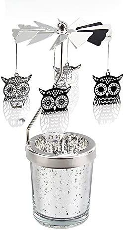 Uposao Rotierender Kerzenhalter Glas, Karussell Teelicht Teelichthalter Motiv Eule Spinnen Teelicht Kerzenhalter Kerzenständer Weihnachtsdeko für Geburtstag Hochzeit Deko Wohnzimmer Tischdeko