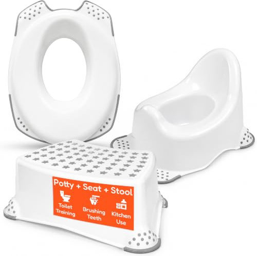 Babycurls Toilet Training Potty Set Includes Kids Non Slip Up Step Stool + Toilet Training Seat + Steady Potty Unisex White