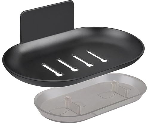 HONZUEN Selbstklebende Ohne Bohren Seifenhalter Wandmontage Edelstahl Seifenschale,Seifenschale mit Abtropfschale, Badezimmer Küche Seifenablage für Schwämme Bürsten Seife(Schwarz)