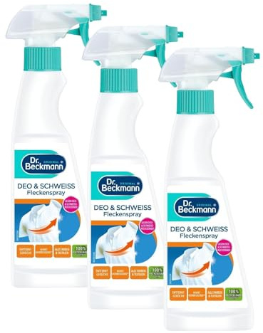 Dr. Beckmann Fleckenspray Deo & Schweiß | Fleckenentferner | 3 x 250 ml | Spezial-Formel | Gegen Gerüche & Rückstände | Vor der Wäsche aufsprühen | Für Weißes & Buntes