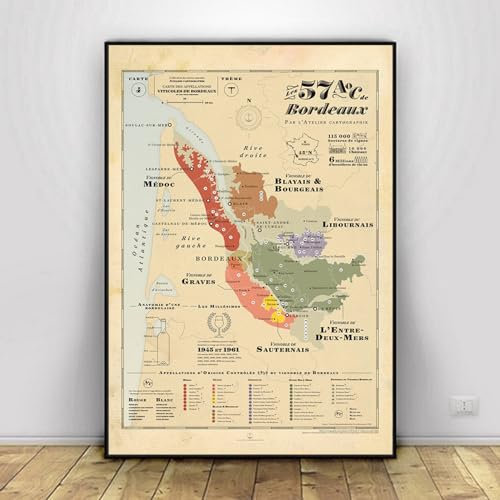 LIUZHUANGDIAN Vitigni Mappa Di Francia Poster Vintage Tela Pittura Arte Immagine Moderna Soggiorno Biblioteca Camera Home Decor-40x60cm Senza cornice