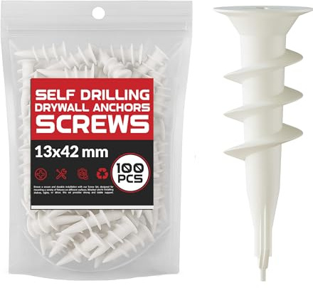 Pack of 100 Self Drilling Drywall Anchors 13 x42mm Philips Pan Head Self Tapping Screws for Gypsum Boards & Drywalls or Plasterboard -Heavy Duty Hollow Wall Anchor white colour