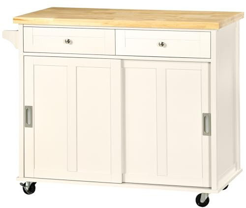 HOMCOM Carrito de Cocina con 4 Ruedas, 2 Cajones y 2 Puertas, Crema