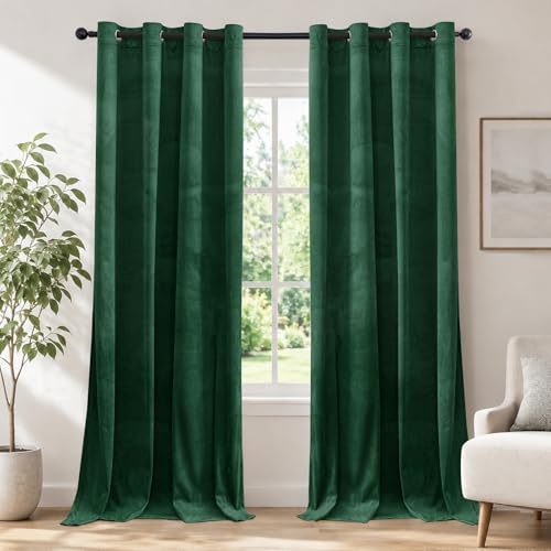 Ystyle Tende Per Interni In Velluto 2 Pezzi, 140x280 CM, Verde Scuro | Termiche Isolanti Anticaldo Tende Oscuranti per Interni per Camera da Letto e Soggiorno Moderno, Curtains con Anelli
