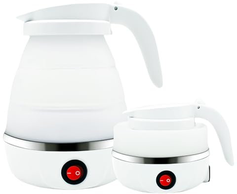 Hervidor Plegable, Hervidor de Agua Portatil 600ml, Hervidor Agua Electrico Pequeño, Pava Electrica Portátil de Silicona para Acampar, Actividades Al Aire Libre, Viajes (Blanco)
