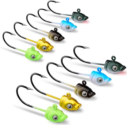 DHER Lot de 10 hameçons à tête plombée pour appâts de pêche,Pêche Hameçons Jig Hameçon de Pêche Hameçons Carpe tête, 5g g Fish Head Lead Head Hooks, Fishing Jig 3D Eye Fishing Hooks