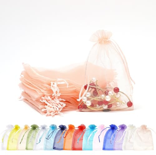100 Stück Champagnerrosa Organzasäckchen ,9x12cm Kleine Geschenkbeutel Organzabeutel Organza Beutelchen mit Kordelzug Sie als Hochzeit Bonbonsbeutel,Schmuckbeutel,Weihnachtsgeschenke,Geburtstag Party