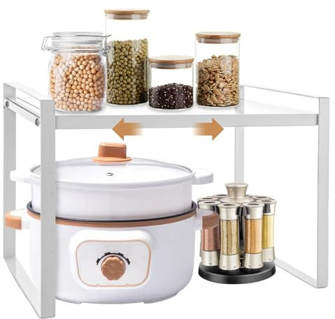 GBACHOOSE erweiterbares Küchenregal 35-65CM, Regaleinsatz für Schrank und Abstellraum, Gewürzregal für Arbeitsplatte, Badezimmer, Weiß