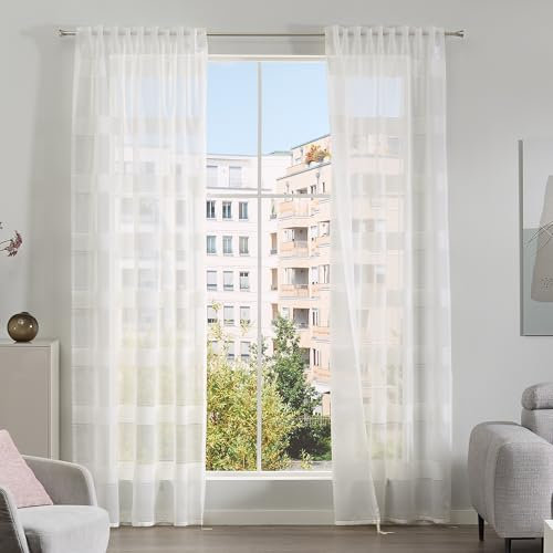 Como Gardinen 2er Set Vorhänge Skandi Look Weiß 245 x 140 cm - Transparente, lichtdurchlässige Schlaufenschals mit Blockstreifen für Wohnzimmer, Kinderzimmer, Schlafzimmer, Büro