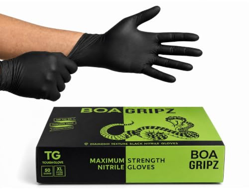TG TOUGH GLOVE BOA Gripz Black Nitrile Gloves XL, Diamond Grip, 50 Pack | disposable gloves, powder free, latex free, midweight, mechanic, industrial, textured, strong