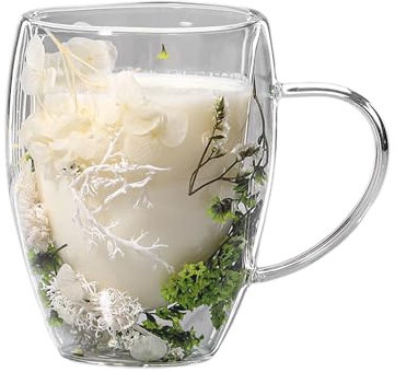Double Walled Insulated Glass Coffee Mugs 350ML, Dried Flowers Tea Cups with Handle, Heat Resistant Cappuccino Latte Glasses - Gi-fts for Milk, Tea, Hot & Cold Beverages