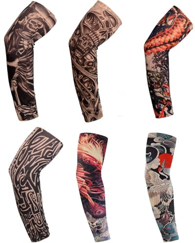 TOZBLEU Scaldabraccia a compressione da uomo,6 Pezzi Maniche del Tatuaggio Finto Manicotti per Braccio di Protezione Solare Guanti Elastici Morbidi per Braccia con Fiori da Ciclismo