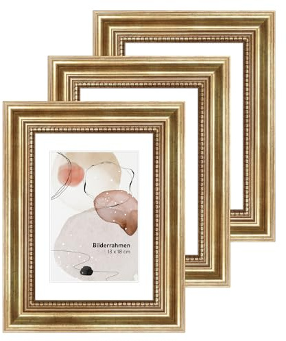 WANDStyle 13x18 Bilderrahmen Set Gold, 3er Set Holzbilderrahmen | Collage Bilderrahmen Holz für Fotowand, 3er Pack Poster Rahmen 18x13 cm, Frames, Fotorahmen H450 - Made in Germany