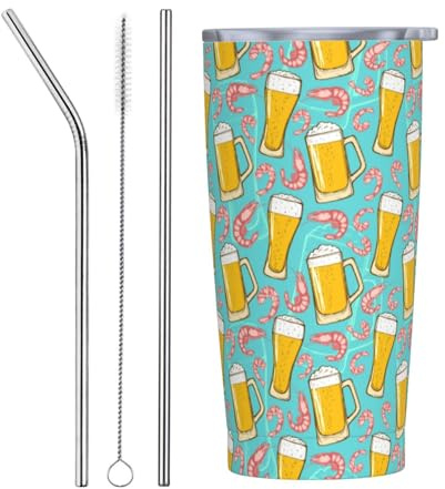 Vaso de 20 onzas con tapa y popote, vaso aislado de cerveza de camarones de verano, vasos de acero inoxidable, vaso de café personalizado para viaje, botella de agua