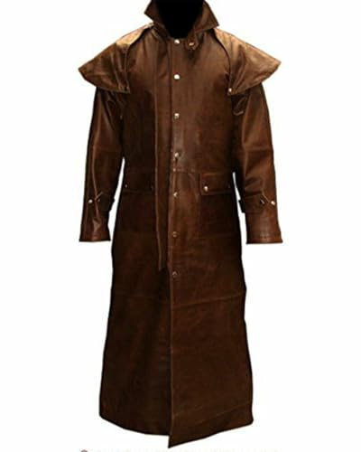 Men's Brown Real Leather Long Steampunk Trench Coat - Gothic Matrix Style Coat for Winter, Vintage Classic Look (UK, Alpha, XL, Regular, Regular, Brown)