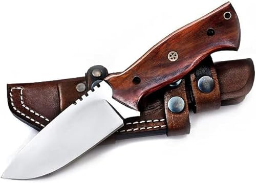 TATLA CRAFT Handgeschmiedetes Jagdmesser mit Lederscheide – Bushcraft Messer mit feststehender Klinge & ergonomischem Rosenholzgriff – Outdoor Survival Scout Messer