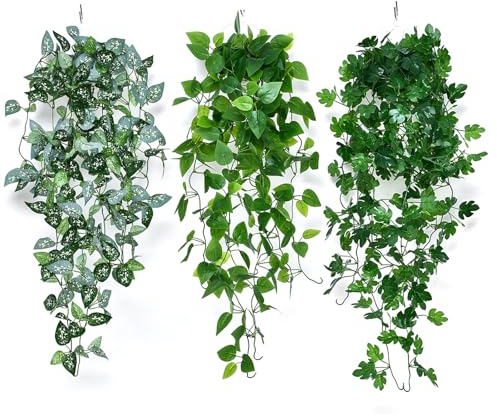 Lot de 3 Plantes Artificielles à Suspendre - Faux Lierre - 100 cm - Plantes Vertes de Balcon - Pour l'Intérieur et l'Extérieur - Décoration Murale (A)