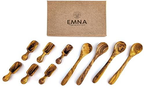 EMNA – Olivenholz Geschenk für Baby, 10-teiliges Set, 4 Babylöffel (14 cm) & 6 Schäufelchen (6 cm), Eltern Kind Geschenke, Geschenkidee Weihnachten Geburtstag, Ostern, Mama, Kinderlöffel, Kind, Papa