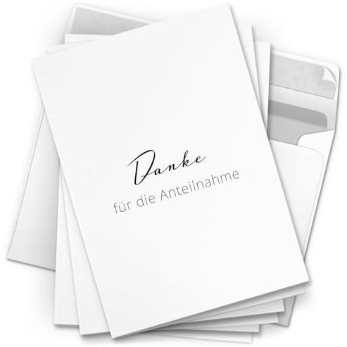 Danksagungskarten Trauer – 10 Klappkarten mit Umschlägen – Motiv: Schlichtes Danke – Trauerkarten Danksagung mit Text – Dankeskarten Trauer nach Beerdigung