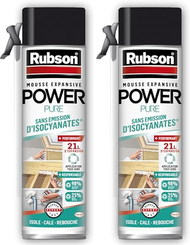 Rubson | Mousse Expansive Power Pure (aérosol de 500 ml) – Mousse pour isolation acoustique et thermique – Application tous sens et 21 litres d'expansion (Lot de 2)