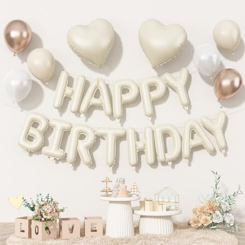 Happy Birthday Balloon Banner Cream, 16 Inch Beige Mylar Letters Heart Foil Balloons Pearl White Sand White Metallic Champagne Gold Balloons Boho Neutral Birthday Decorations for Girls Women Boy Men