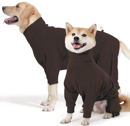Hjyokuso Hundemantel Winter, Warmer Fleece Hundepullover mit Beinen, Weiche Vierbeinige Hundejacke für Kleine & Mittelgroße Hunde, Hundebademantel Fleece Hunde Pyjama Bekleidung Braun M