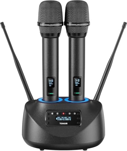 TONOR Micrófono Inalámbrico Recargable, Set de 2 Micrófonos UHF de Metal con Receptor Bluetooth, Alcance de 80m, Microfono Profesional para Karaoke, Bodas, Fiestas, Iglesia, DJ, KTV en Casa