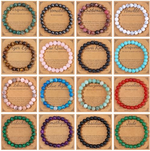 FINZOR 16 PCS Healing Crystal Bracelet for Women Men 8mm Natural Stone Beaded Bracelets Round Gemstones Stretch Bead Bracelet Birthday Gifts