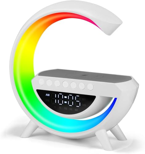 Greenfields Multifunctional Night Light Lamp with Bluetooth Speaker, Wireless Charger, White Noise, Alarm Clock & FM Radio – LED Mood Light with 13 Colors – Bedside Table Lamp for Relaxation & Sleep