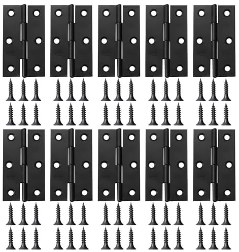 Black Door Hinges, 10PCS Folding Butt Hinges with 60 PCS Screws, 3 Inch Steel Door Hinge for Wood Internal Cupboard Home Furniture