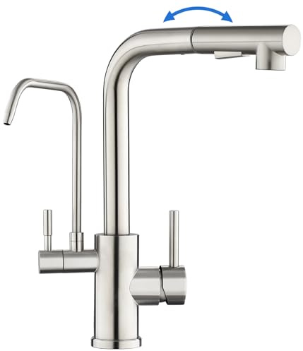 ROVOGO Mitigeur Robinet d'Evier de Cuisine 3 Voies à Eau Filtrée en Acier Inoxydable 304 Brossé, Douchette Extractible à 2 Modes, 2 Manches pour Eau Chaude/Froide/Potable, Bec en L 360° Rotatif