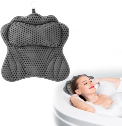 RNPKZ Badkarskudde, nackkudde för badet, med 4D Air-meshteknik och sugkoppar, perfekt för hem spa – stöder huvud, axlar och rygg i badkaret (grå)