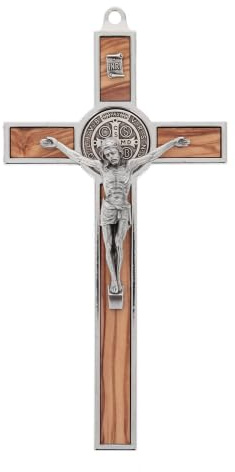 SHALOM - Crucifix Saint Benoît en bois d'olivier et en métal. Hauteur 20 cm