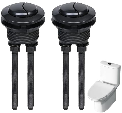 2Pcs Dual Flush Toilet Push Button, 38mm Round Black Durable Flush Kit | Replacement, Upgrade with 2 Rods for UK EU Bathroom Cistern Tanks, Ideal WC Water Tank Repair & Replacement Accessory