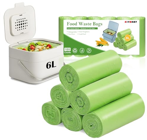 KITBEST 180PC Small Biodegradable Bin Bags 6L Compostable Food Waste Liners | Thick, Strong, Leakproof, Recycling Trash Bag for Compost Caddy, 1.2 Gallon Kitchen Countertop Bin, Unscented, Green, 35x40cm