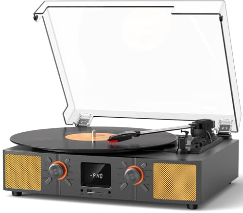 VINYLS LINK Vinyl Record Player with Speaker, 3-Speeds Bluetooth Turntable with FM Radio and LED Display, USB Recording, TF Card Playback, AUX Input & RCA Output, Portable Retro Record Player for home