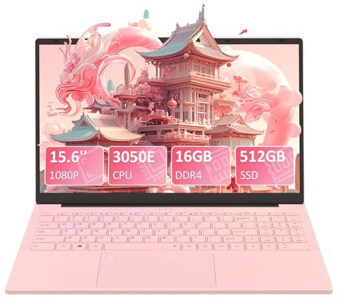 Pryloxen Ordenador portátil de 15,6 pulgadas, color rosa, 16 GB de RAM, 512 GB SSD, Dual Core 3050E (hasta 2,80 GHz), portátil con sensor de huellas dactilares, teclado iluminado, altavoz doble, HDMI