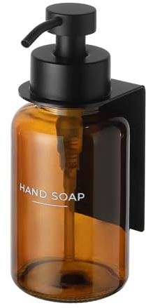 400ml Glas Seifenspender mit Wandhalterung Edelstahl Pumpspender für Flüssigseife ohne Bohren （Braun/Schwarz）