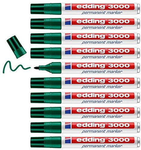 edding 3000 Permanentmarkör – grön – 10 pennor – rund spets 1,5-3 mm – snabbtorkande permanent markör – vattentät, torkbeständig – för kartong, plast, trä, metall – universalmarkörer