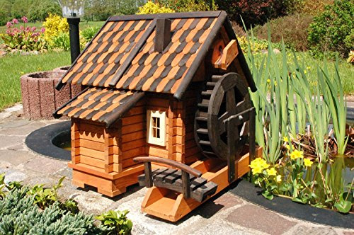Deko-Shop-Hannusch Grand moulin à eau décoratif en bois style maison en rondins Tuiles en bois