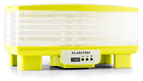 Klarstein Bananarama - Desecadora BPA Free, Secadora automática, Secadora de fruta y carne, 6 pisos, Apilable, Temperatura regulable, Circulación de aire, Pantalla LCD, Temporizador, 550 W, Amarillo