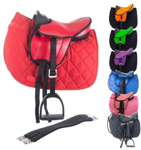 Marengos - Holzpferd Sattel Set | Sattel für Holzpferd mit Sattelgurt, Schabracke, Steigbügel & -Riemen | Sattel aus Kunstleder | Sattel-Typ Beginner in rot | Größe 12