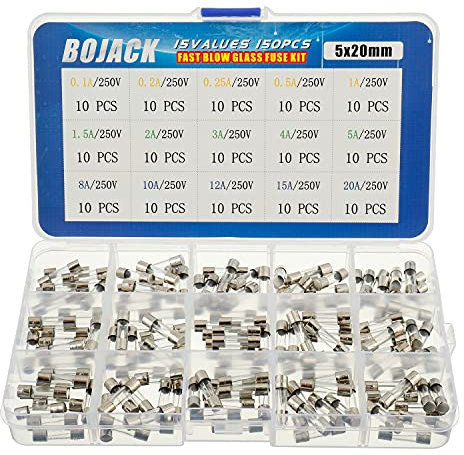 BOJACK 15 Values 150pcs Fast blow Glass Fuses Assortment Kit 5x20mm 250V 0.1 0.2 0.25 0.5 1 1.5 2 3 4 5 8 10 12 15 20A packag in a clear plastic box