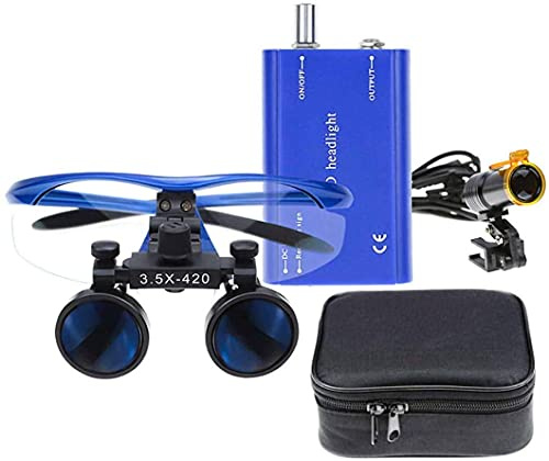 BONEW 3.5X Chirurgische Binokularlupen Optisches Glas + 5W LED-Scheinwerfer Kraftvolles Licht mit Clip-on-Typ + Stoffbeutel DY-008 (blau)