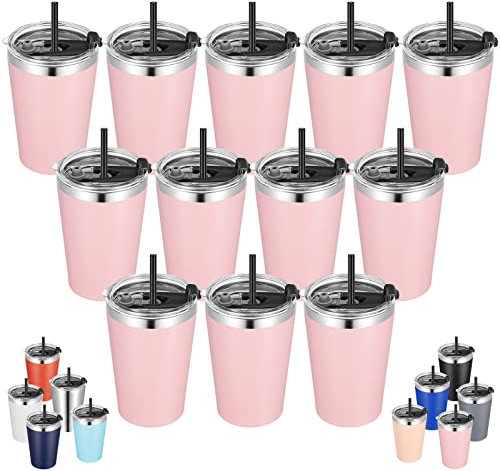 VEGOND 340 ml tumlare rostfritt stål tumlare bulk vakuumisolerad dubbelvägg resa tumlare med lock och sugrör återanvändbar tumlare, rosa 12-pack