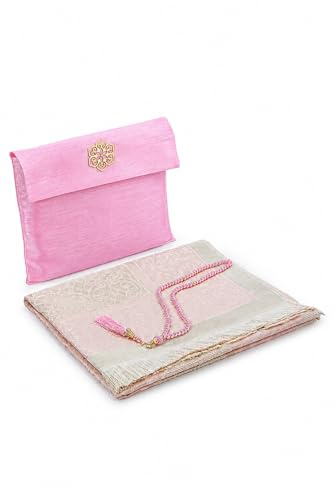 ihvan Muslimsk bönematta och pärlor med elegant väska i ”slub”-tyg, janamaz, sajadah, mjuk, islamiska gåvor, bönematta i tafttyg, rosa