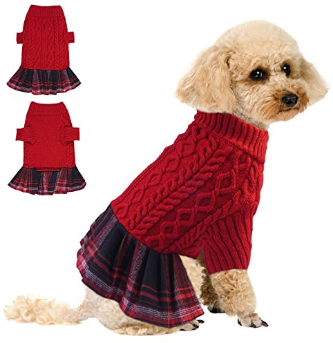 Maglione Cani, Pullover Abbigliamento Invernale per Cani Cappotto Cuccioli Giacca Vestito Cottone Caldo Gilet Felpa Abito Elegante Gonna per Cani di Taglia Piccola Media(Rosso, L)