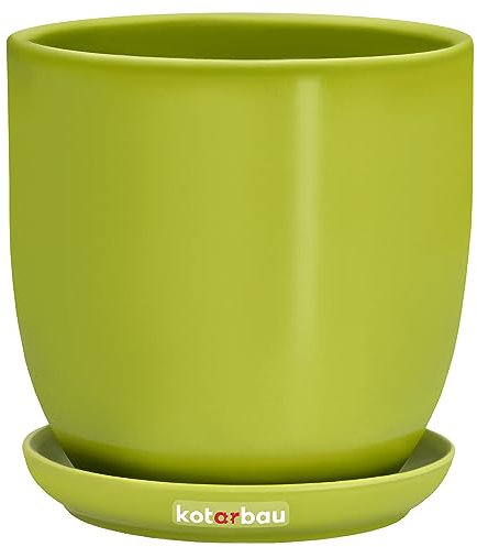 KOTARBAU® Macetero con Plato de Cerámica esmaltada, 15 cm, Maceta para Interiores y Exteriores, Tiesto Decorativo para Plantas, Verde Lima, con Orificio de Drenaje, Acabado Brillante