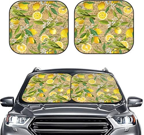 Auto Scheibenabdeckung Sommer Sonnenschutz Auto Frontscheibe Faltbar Auto Zubehör Sonnenschutz 2-teilig 74x60cm mit Aufbewahrungstasche Auto Sonnenschutz Sonnenschutz Frontscheibe Motiv Zitronenvogel